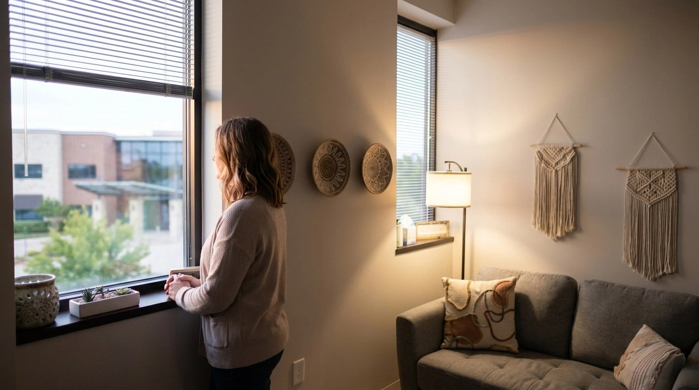 Ketamine Hero woman standing at window looking outside. She is standing inside cozy room with soft lightening.